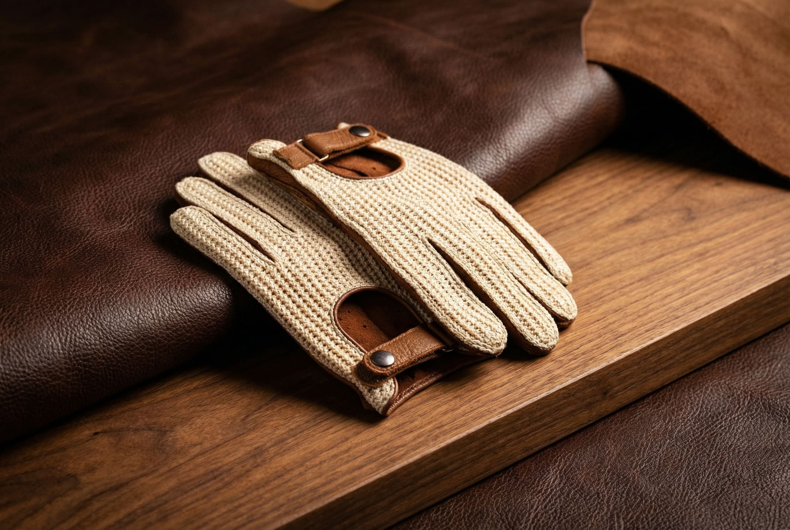 Women's crochet driving gloves camel brown deerskin