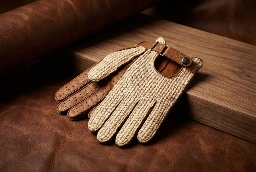 Women's crochet driving gloves camel brown deerskin