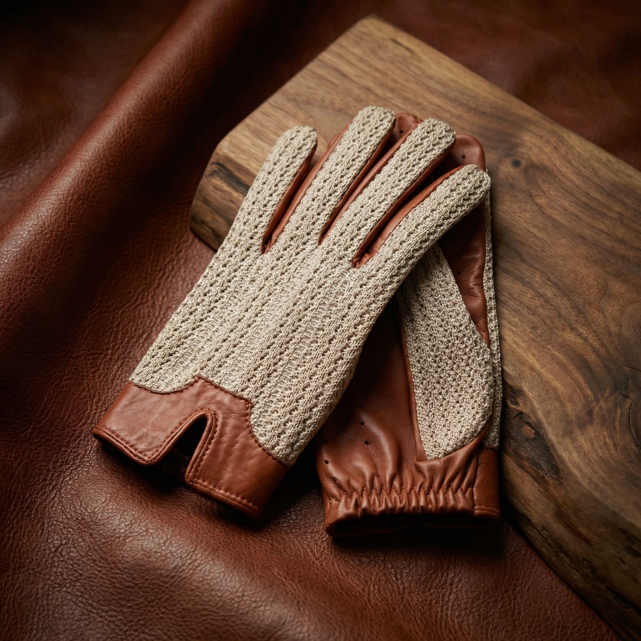 Men's Crochet Driving Gloves Lambskin – Cognac, Two Styles – NM Gloves