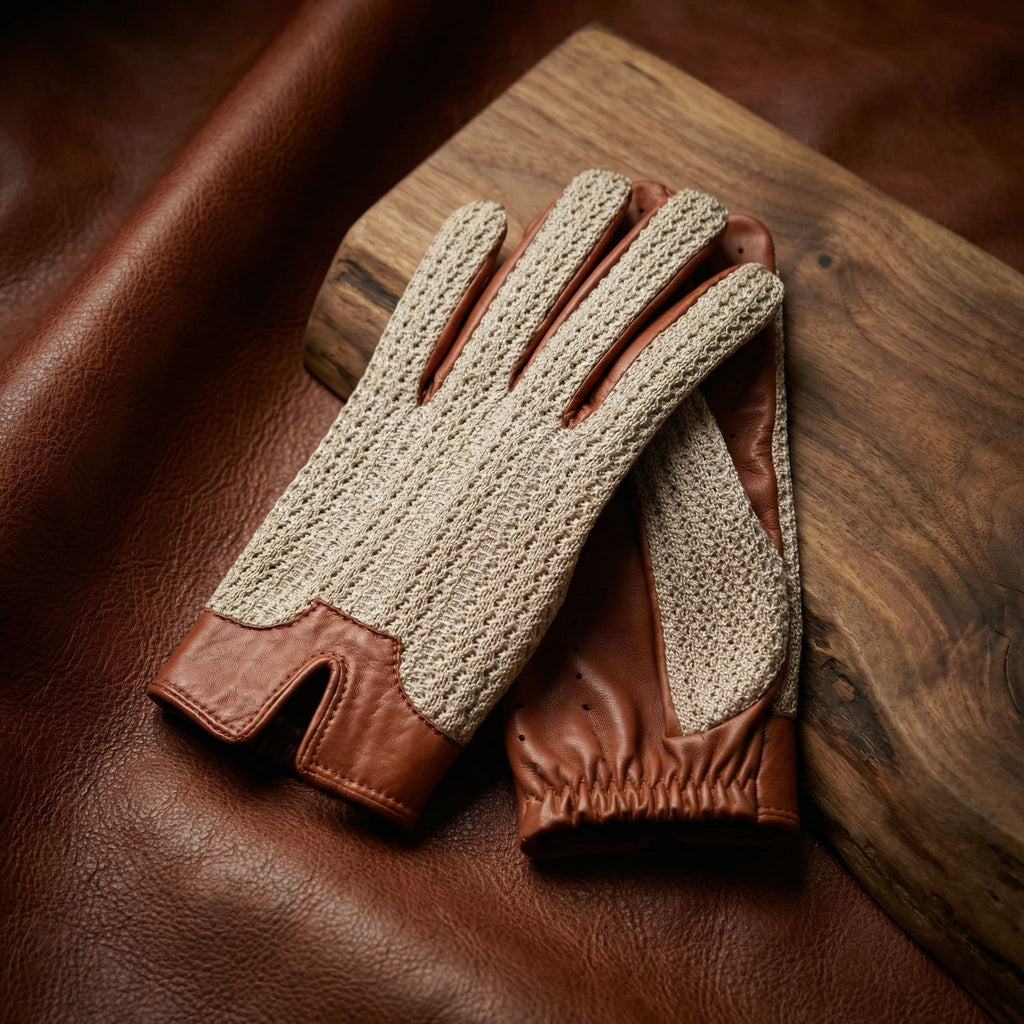 Herren Häkel-Fahrhandschuhe aus Lammleder – Cognac, Zwei Stile