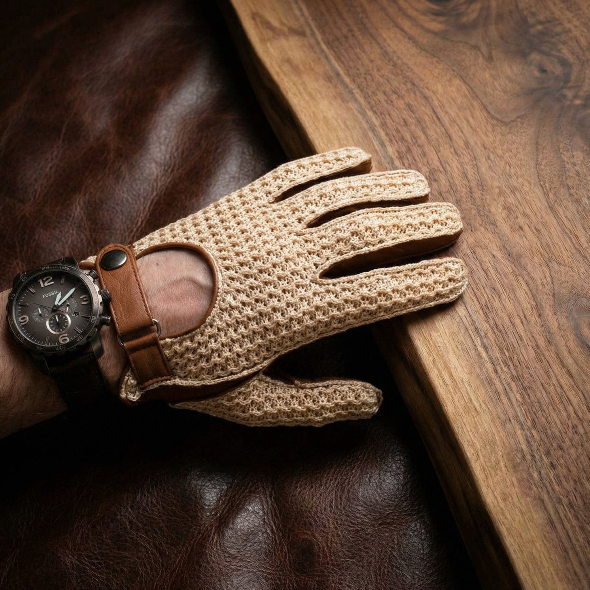Men’s Cabrio Crochet Driving Gloves – Camel Brown Deerskin, Handmade