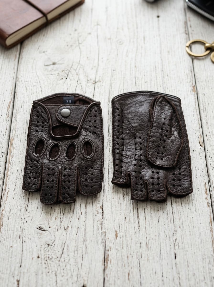 Damen Fingerlose Fahrhandschuhe aus Hirschleder – Dunkelbraun