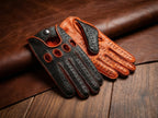 Men’s Deerskin Leather Driving Gloves – Orange & Black, Handmade