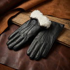 Damen Winterhandschuhe aus schwarzem Hirschleder mit Kaninchenfell-Futter
