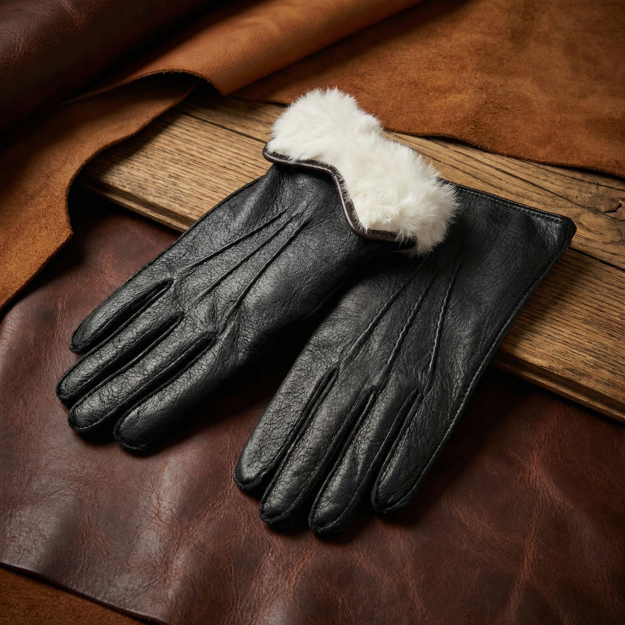 Damen Winterhandschuhe aus schwarzem Hirschleder mit Kaninchenfell-Futter