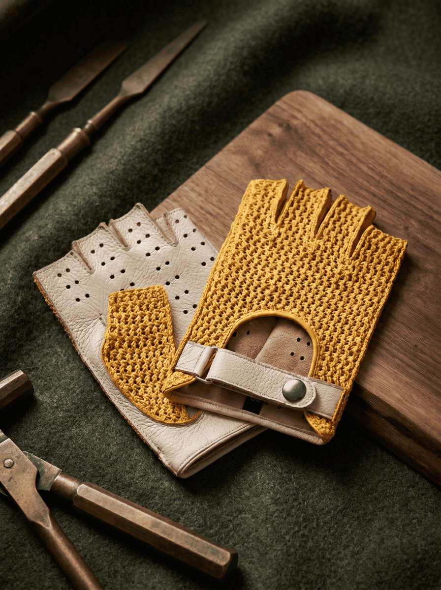 Women's Fingerless Crochet Leather Driving Gloves  Deerskin Leather