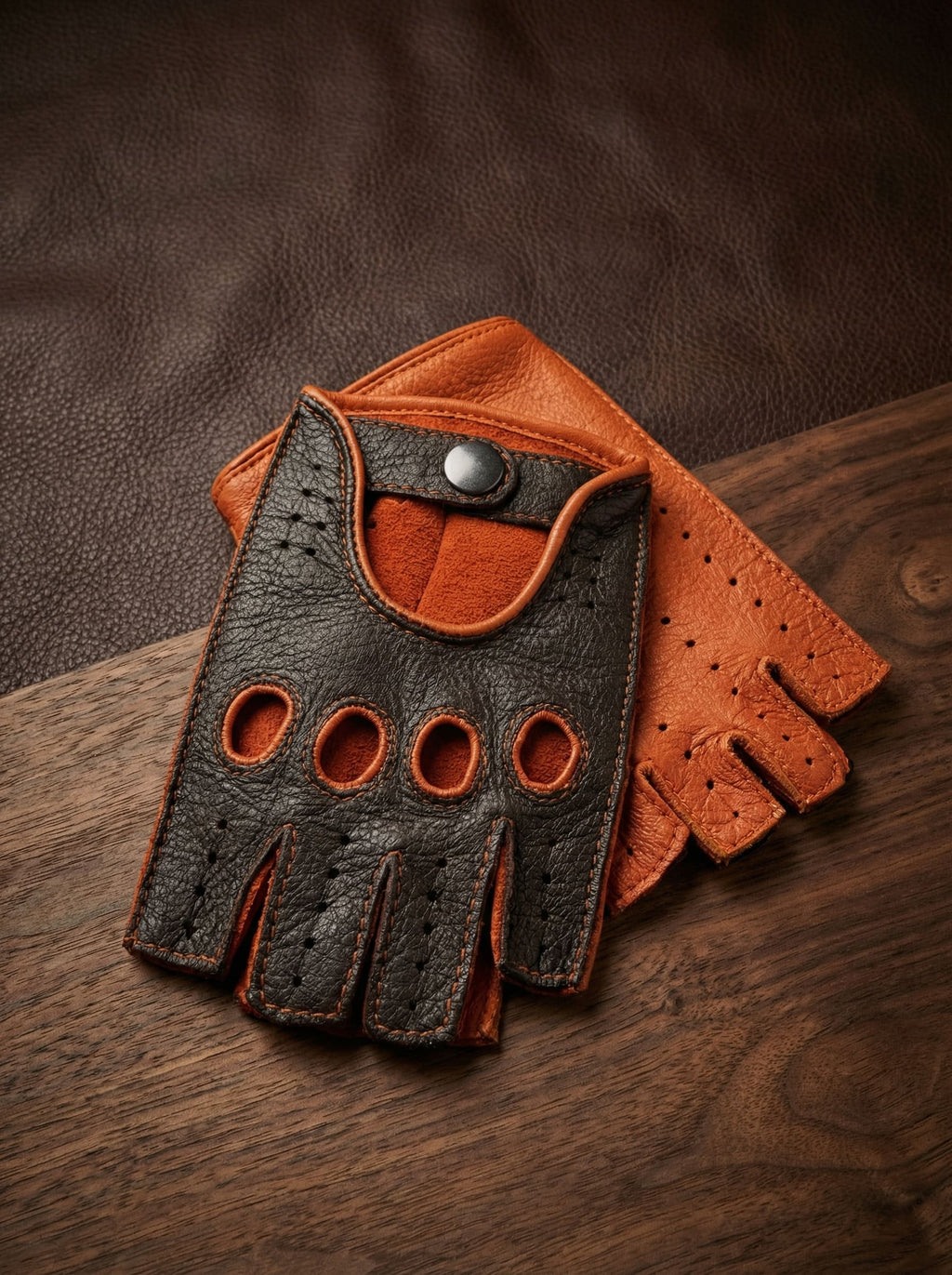Men’s Fingerless Driving Gloves – Black & Orange Deerskin, Handcrafted