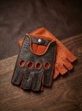 Men’s Fingerless Driving Gloves – Black & Orange Deerskin, Handcrafted
