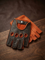 Men’s Fingerless Driving Gloves – Black & Orange Deerskin, Handcrafted