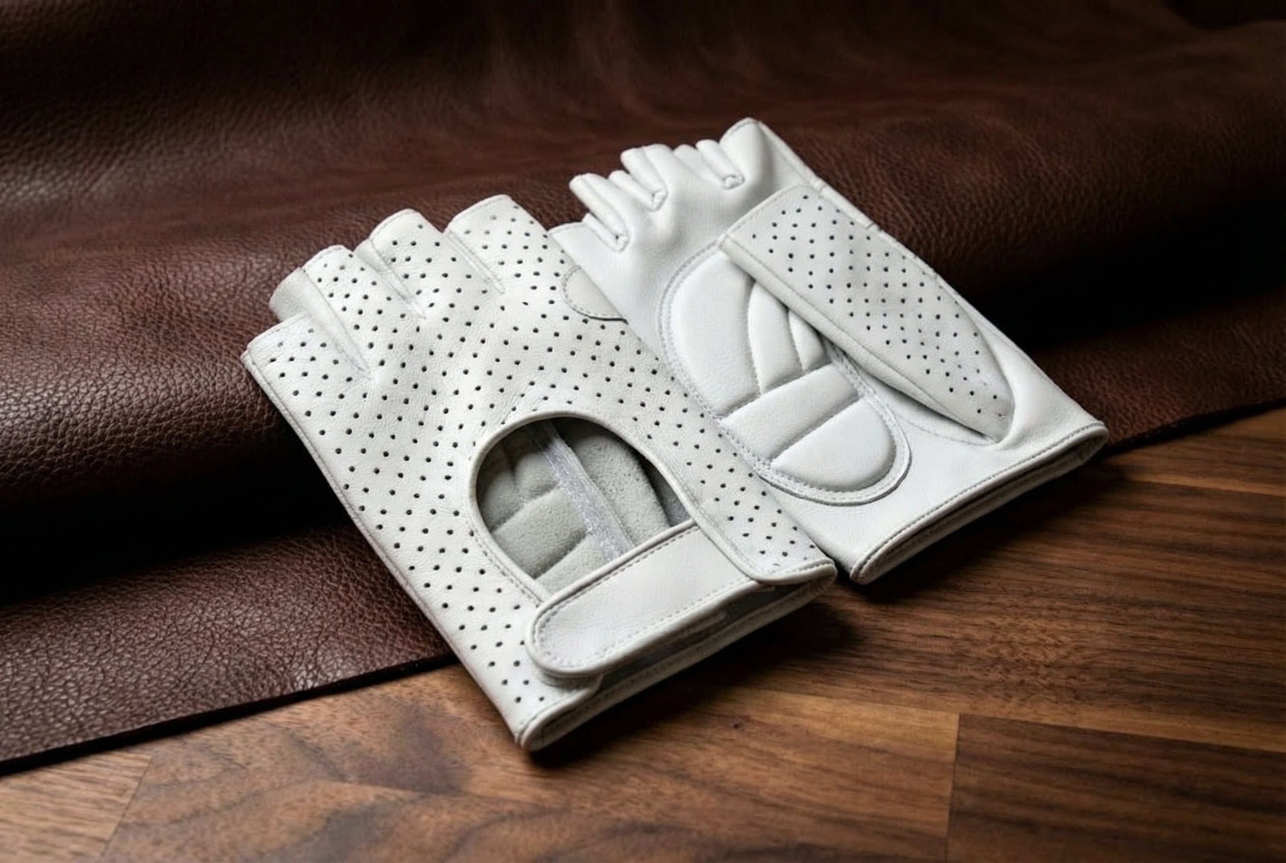 Women's Fingerless Leather Gloves Beige Nappa Leather