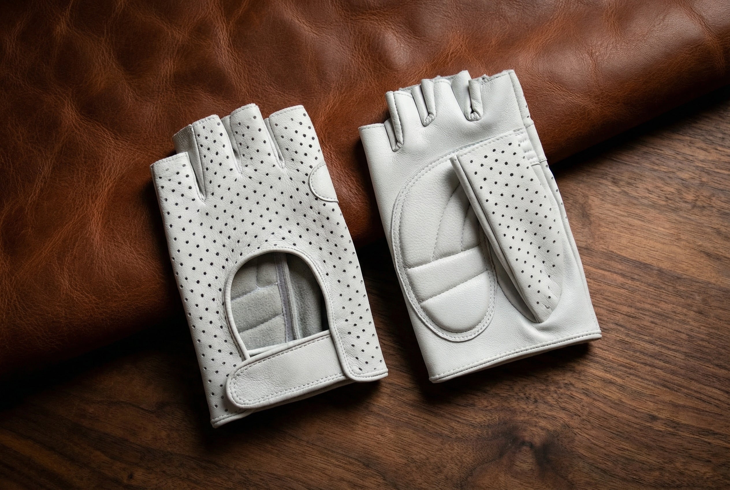 Women's Fingerless Leather Gloves Beige Nappa Leather