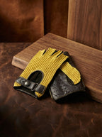 Men’s Crochet Fingerless Leather Gloves - Black & Yellow