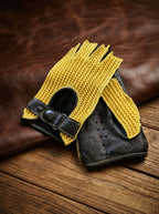 Men’s Crochet Fingerless Leather Gloves - Black & Yellow
