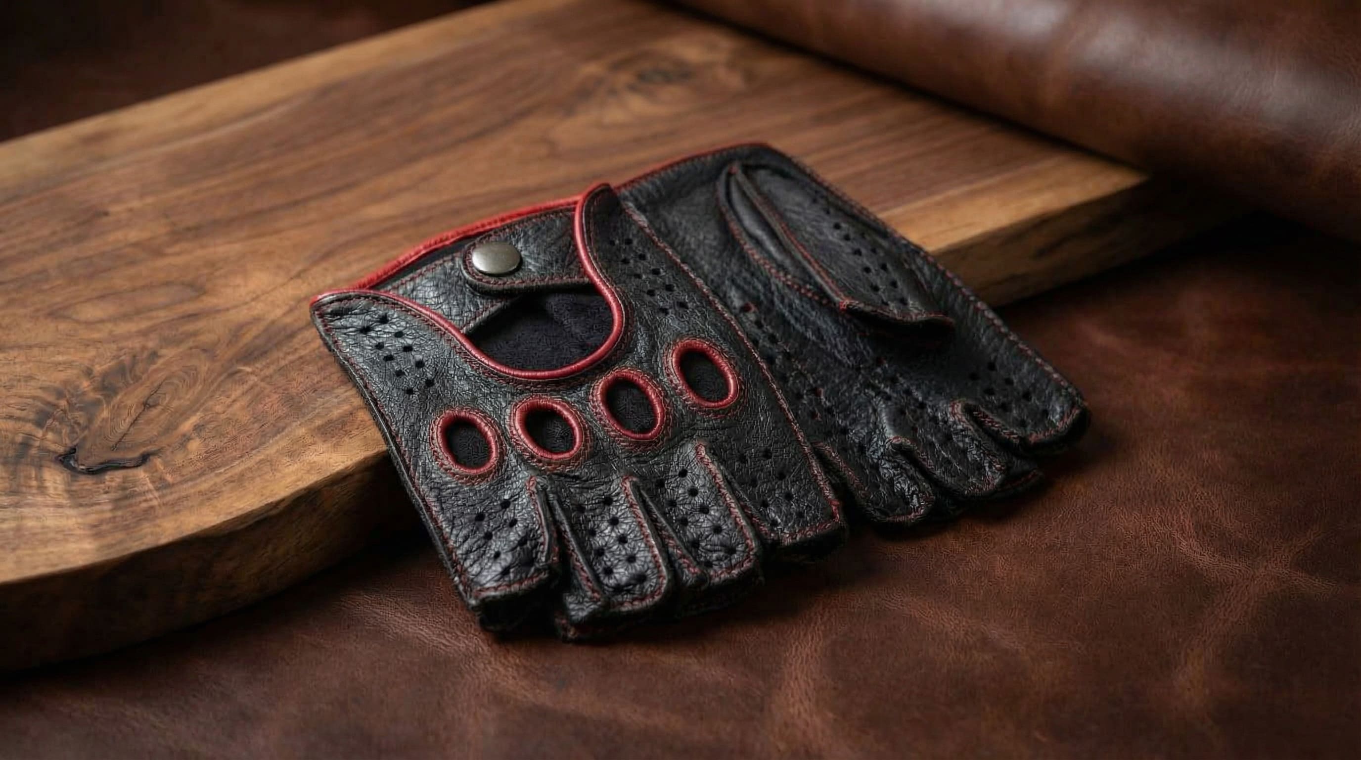 Men’s Fingerless Lambskin Driving Gloves – Black & Red