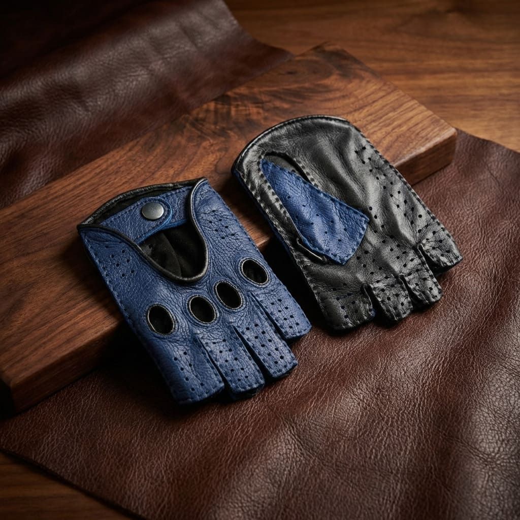 Men’s Black and Blue Fingerless Deerskin Leather Gloves with Contrast Back Stitching