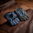 Men’s Black and Blue Fingerless Deerskin Leather Gloves with Contrast Back Stitching