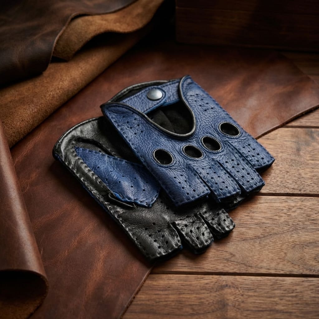 Men’s Black and Blue Fingerless Deerskin Leather Gloves with Contrast Back Stitching
