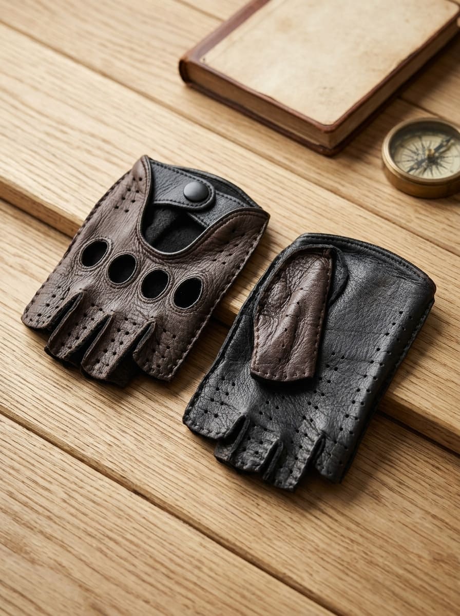 Women's Fingerless Deerskin Leather Gloves Black and Brown – Dark Brown Top Side, Black Palm – Handcrafted