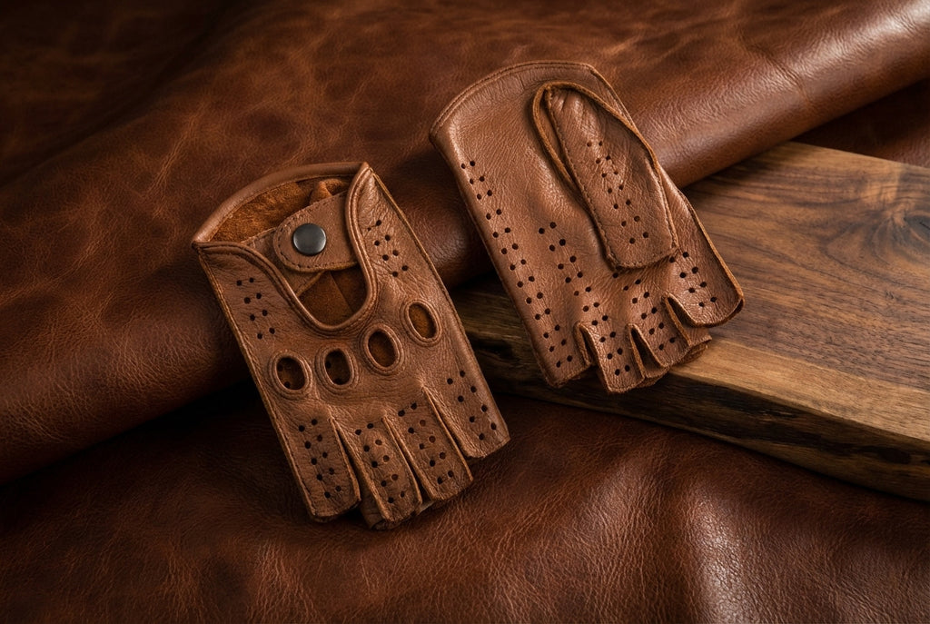 Men’s Fingerless Driving Gloves – Camel Deerskin Leather, Handmade
