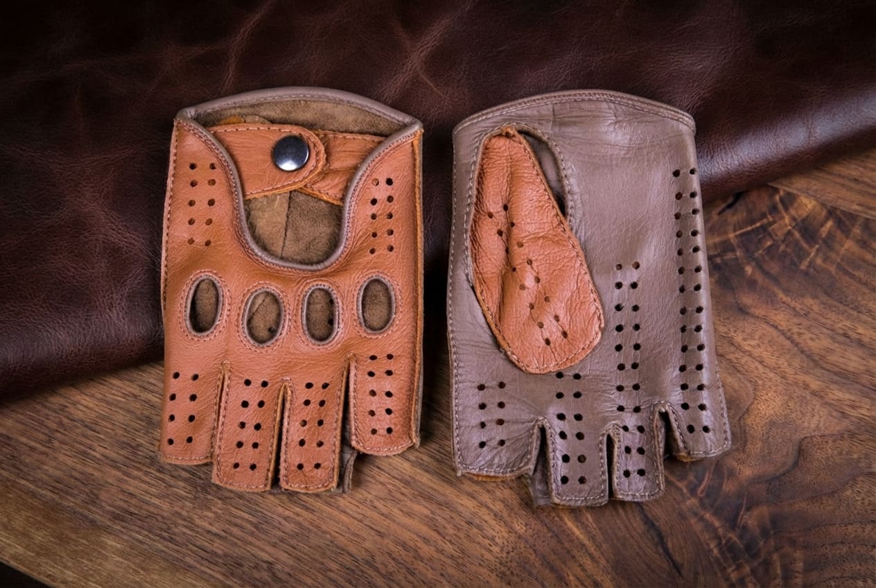 Men's Fingerless Leather Gloves Camel Taupe Deerskin