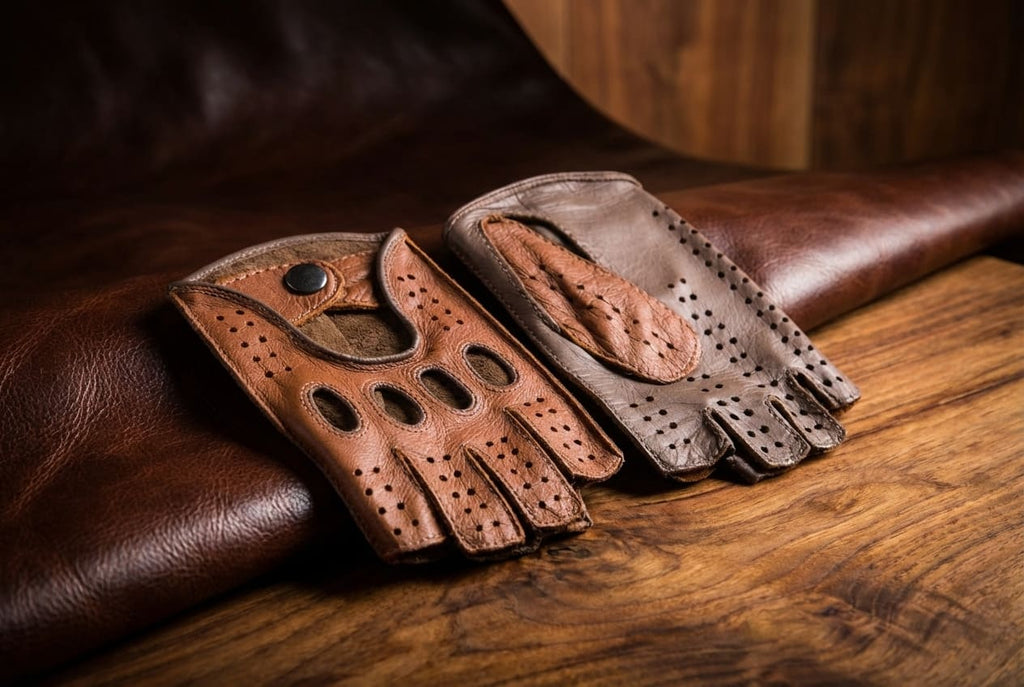 Herren Fingerlose Lederhandschuhe Camel Taupe Hirschleder