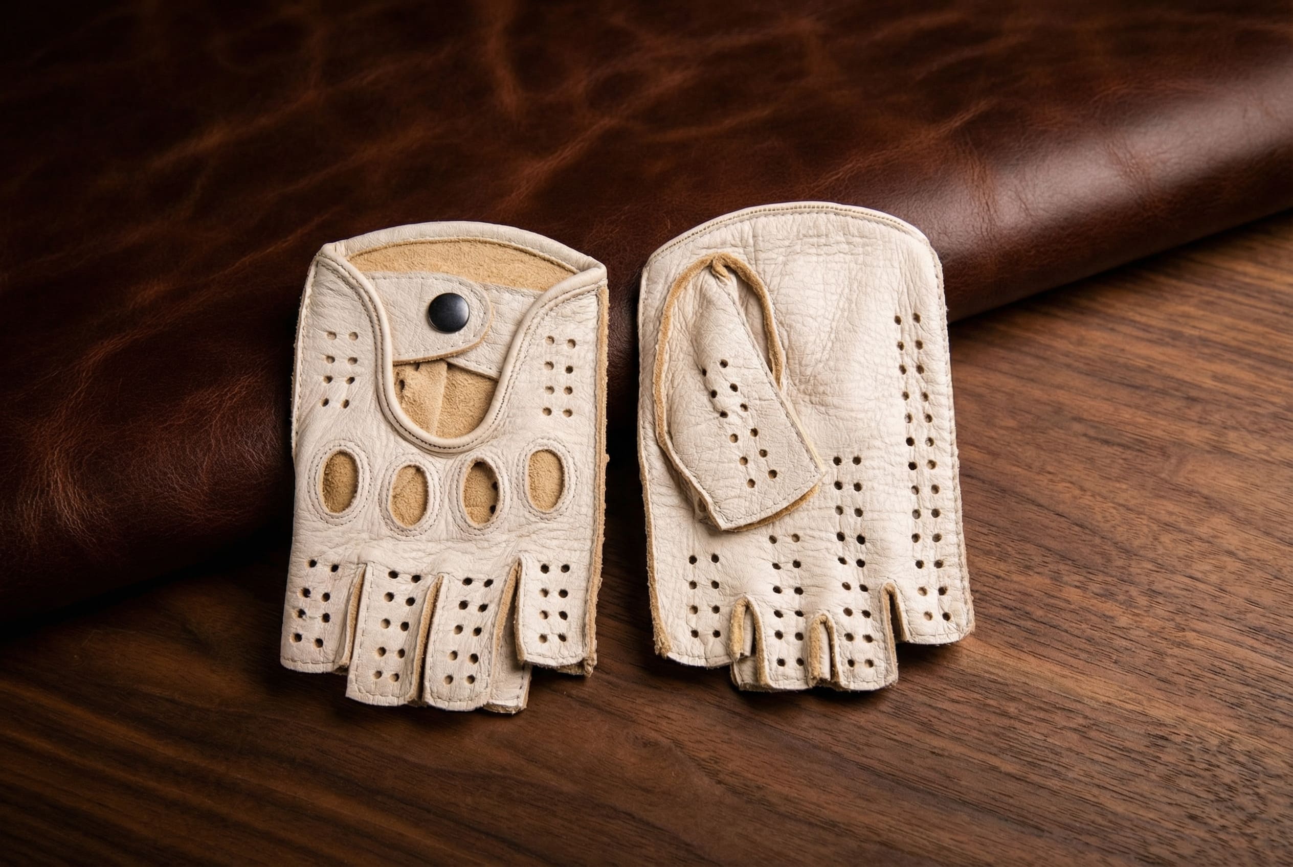 Women’s Fingerless Driving Gloves – Beige Deerskin Leather, Handcrafted