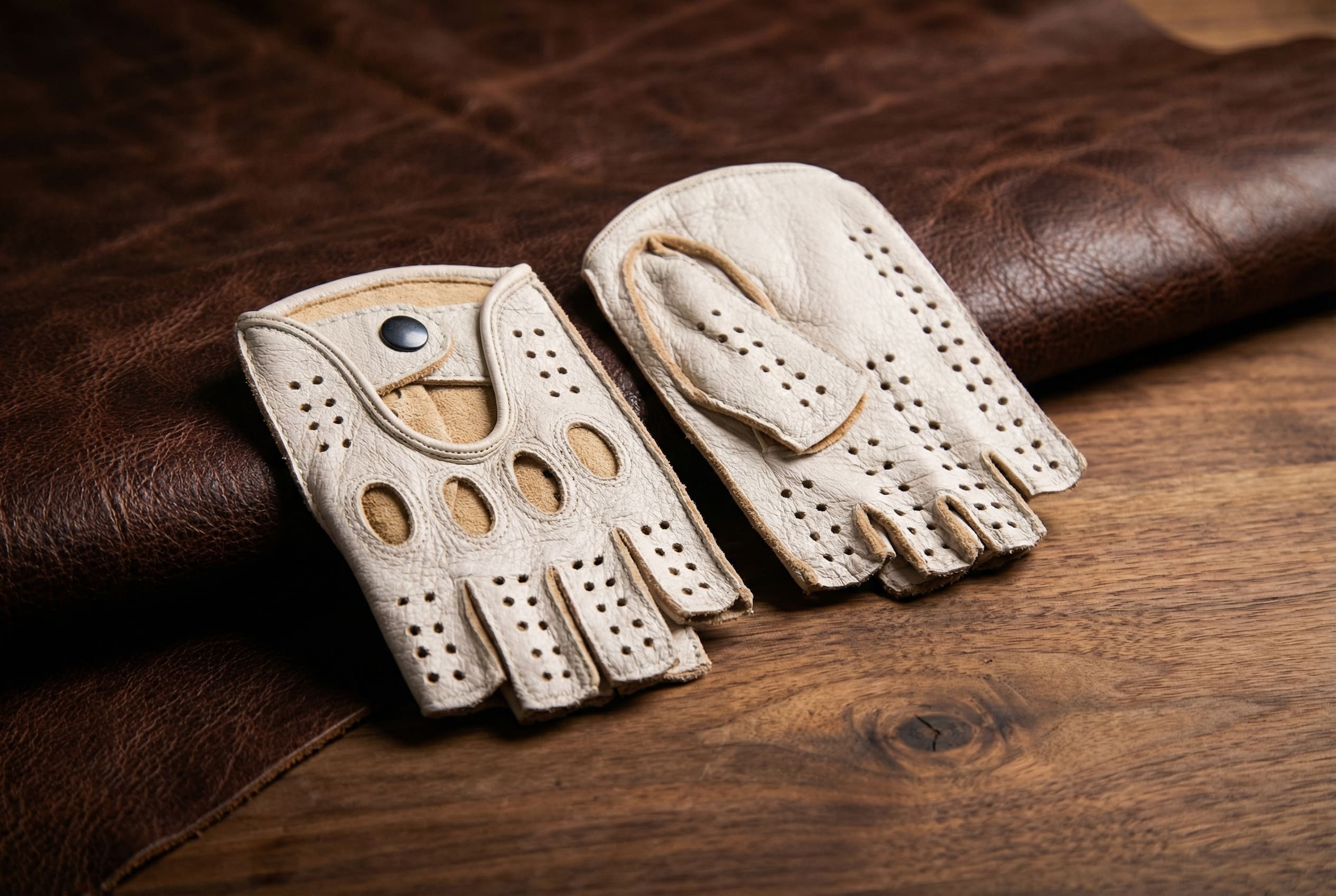 Women’s Fingerless Driving Gloves – Beige Deerskin Leather, Handcrafted