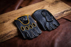 Herren Fingerlose Lederhandschuhe Schwarz mit Gelben Nähten & Paspel