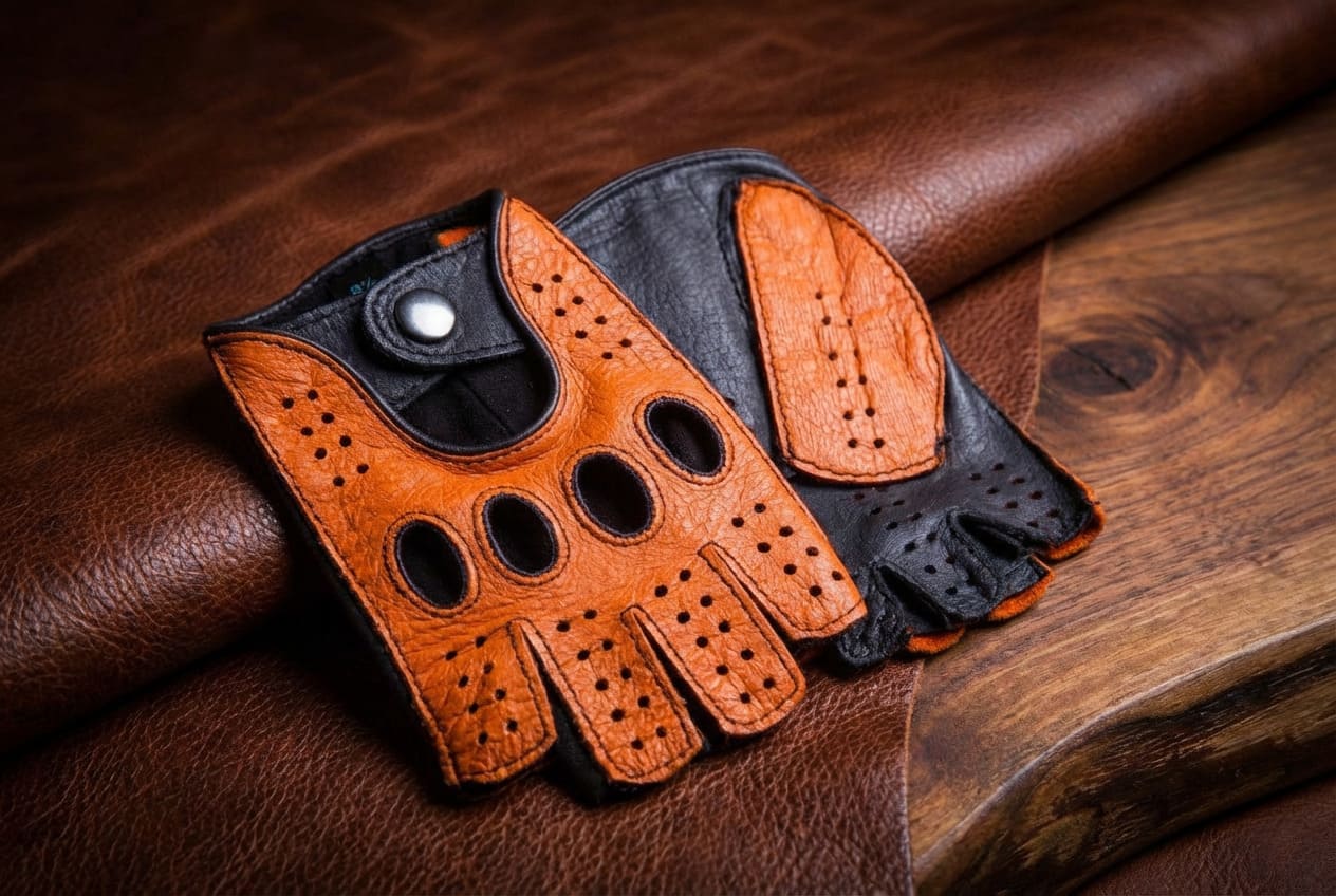 Men's Fingerless Leather Gloves Orange Dark Brown Deerskin