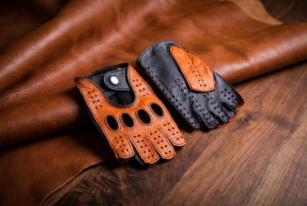 Men's Fingerless Leather Gloves Orange Dark Brown Deerskin