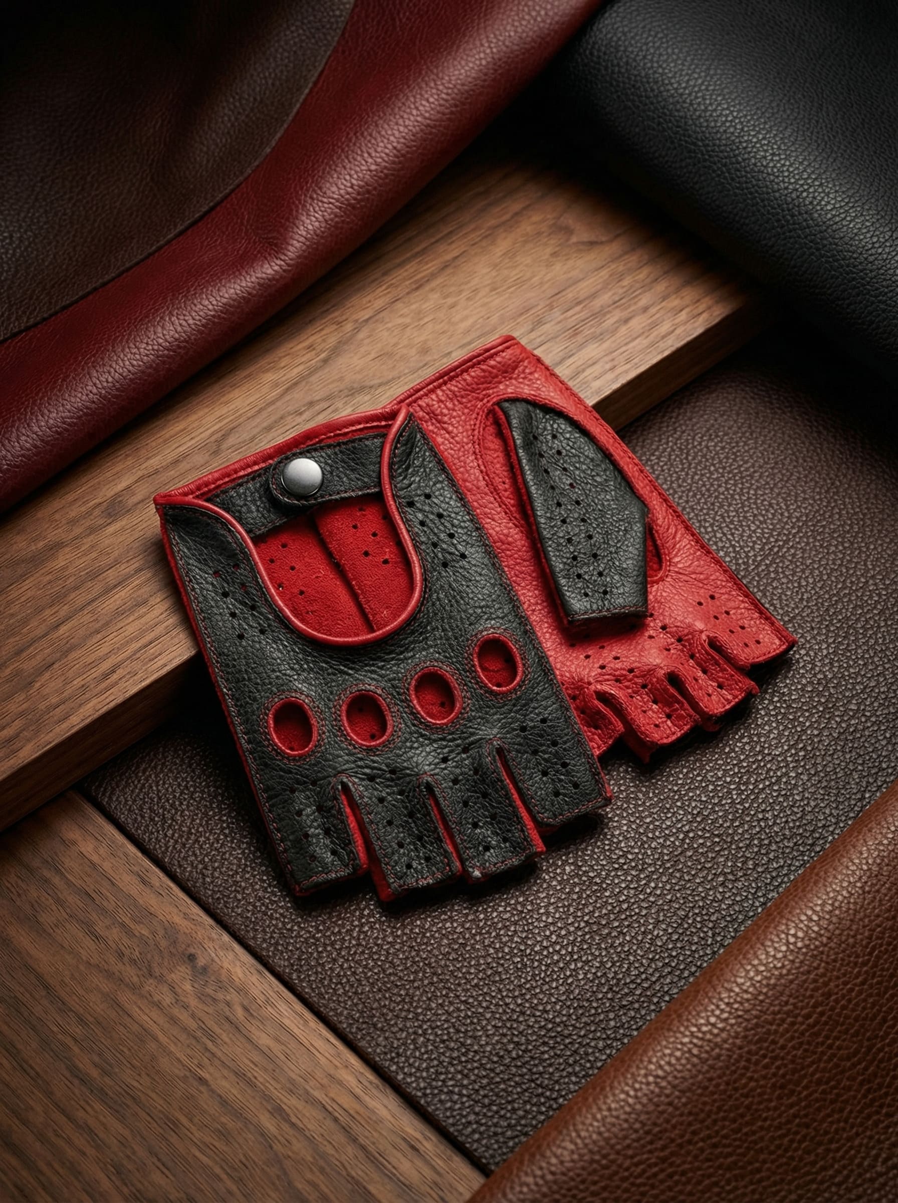 Women's fingerless leather gloves deerskin black red