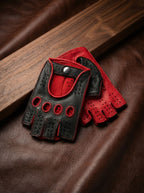 Women's fingerless leather gloves deerskin black red