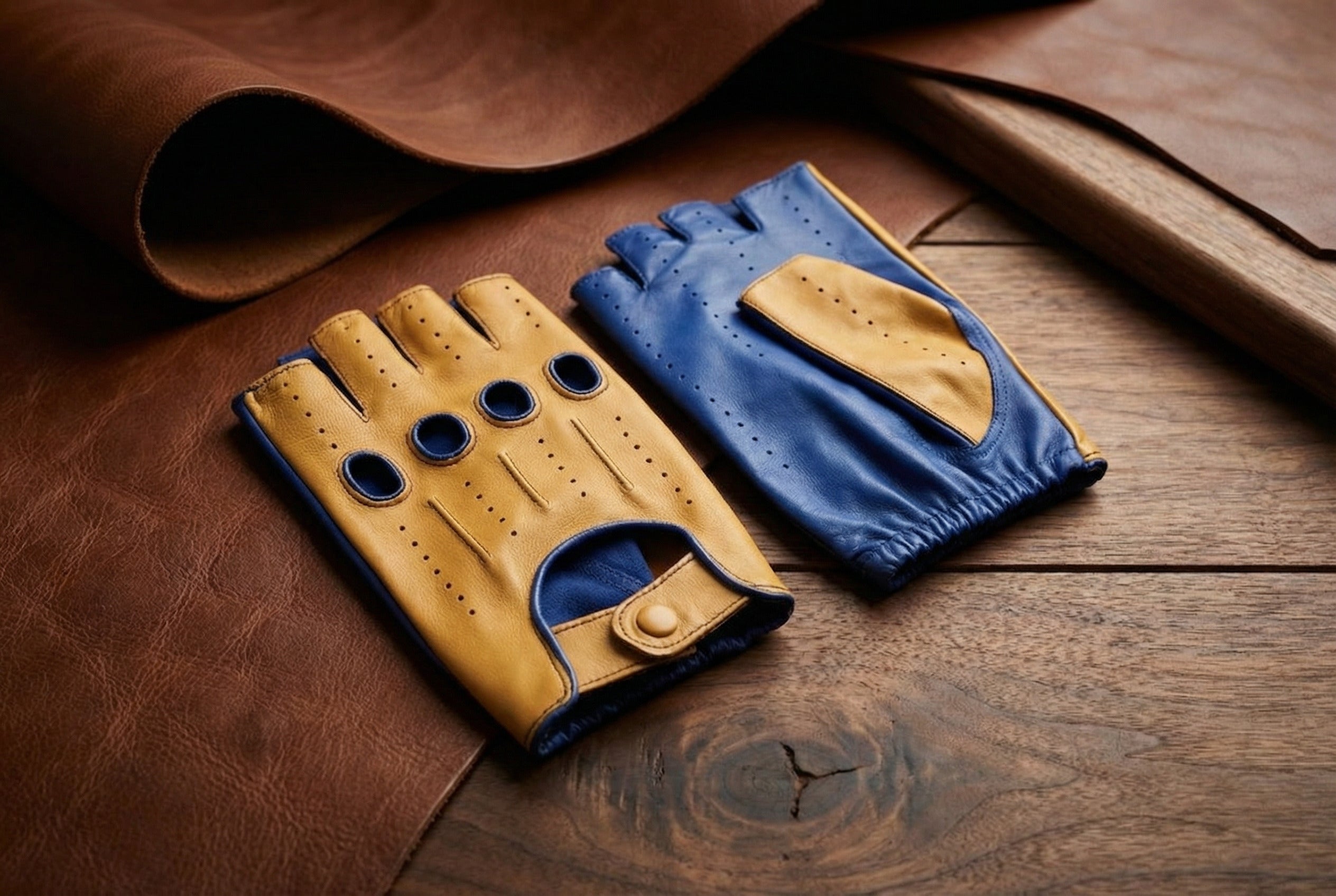 Men's Fingerless Leather Gloves Royal Blue & Yellow Nappa Leather