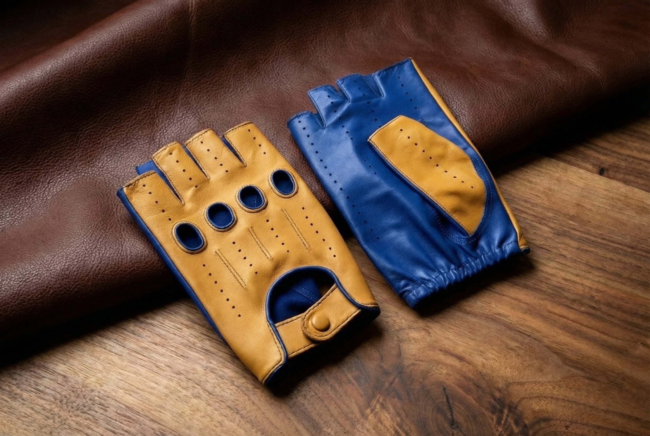 Women's Fingerless Leather Gloves Royal Blue & Yellow Nappa Leather