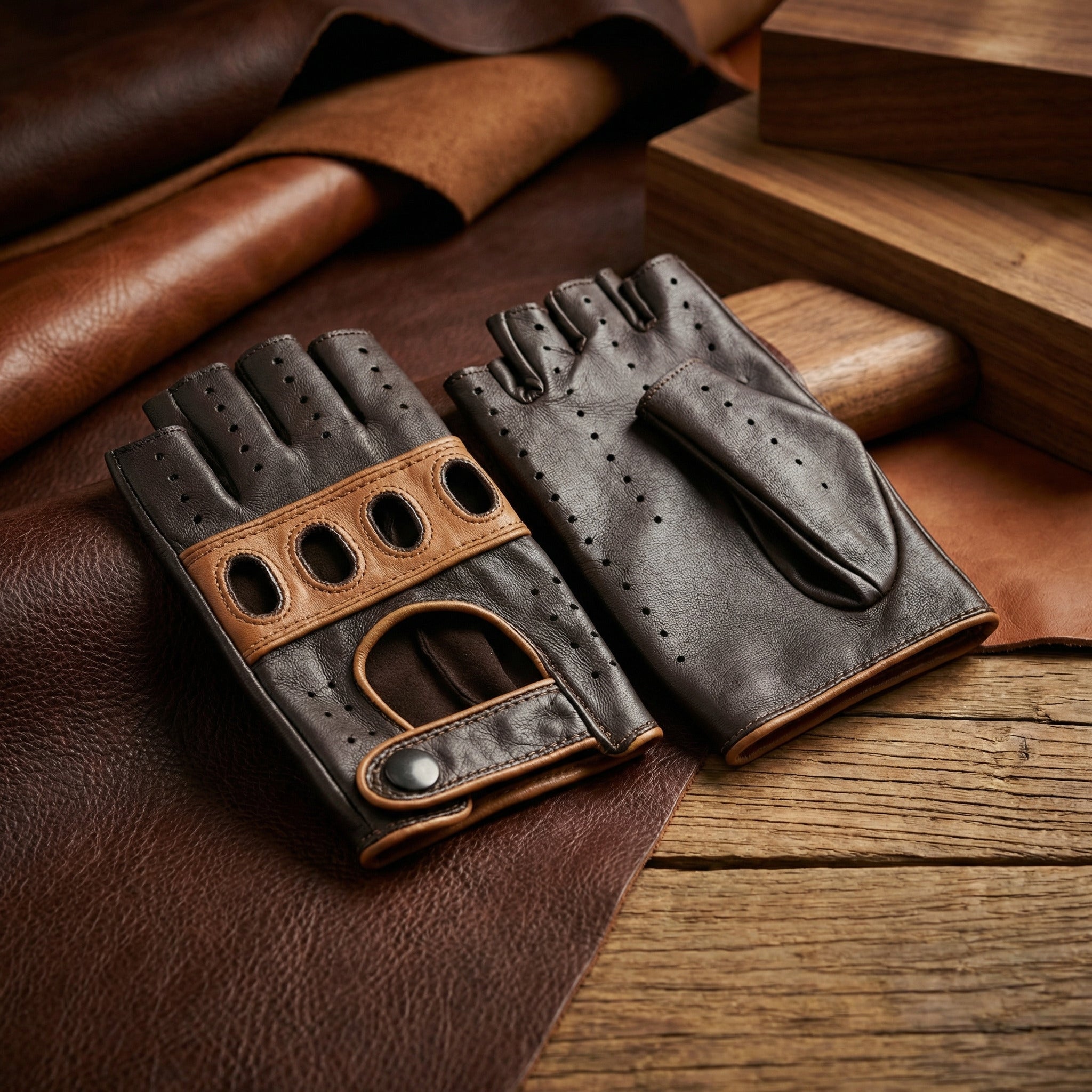 Women's Fingerless Leather Gloves – Dark Brown Cork Lambskin