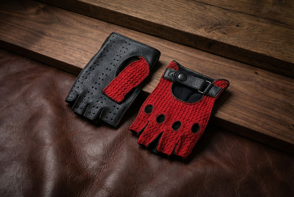 Damen fingerlose Häkel-Lederhandschuhe – Schwarz Rot und Schwarz Gelb