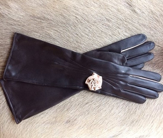 Women's Semi-Long Leather Gloves Italian Nappa Leather Silk Lined with Rose Design 28-30 CM