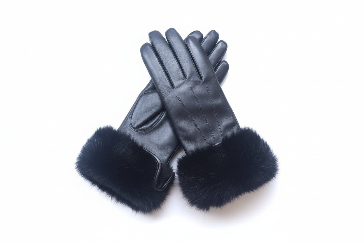 Women's Winter Gloves Black Nappa Leather with Black Rabbit Fur Lining