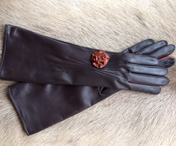 Women's Semi-Long Leather Gloves Italian Nappa Leather Silk Lined with Rose Design 28-30 CM