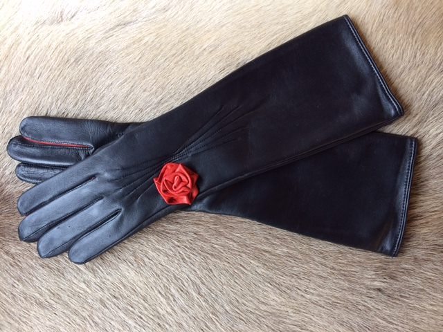 Women's Semi-Long Leather Gloves Italian Nappa Leather Silk Lined with Rose Design 28-30 CM