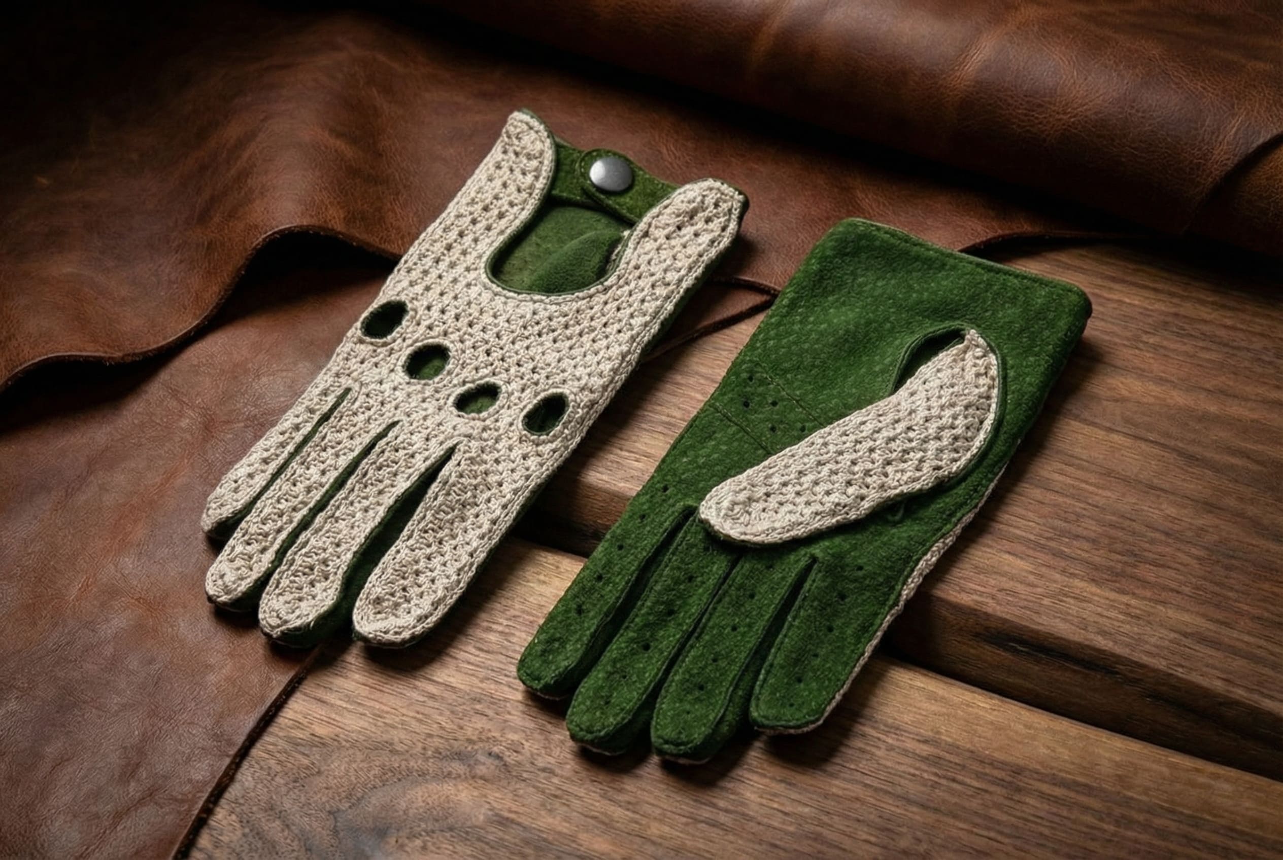 Women's Carpincho Capybara Crochet Driving Gloves – Palm in Carpincho Leather, Top Side Crochet, Green, Purple, and Cognac