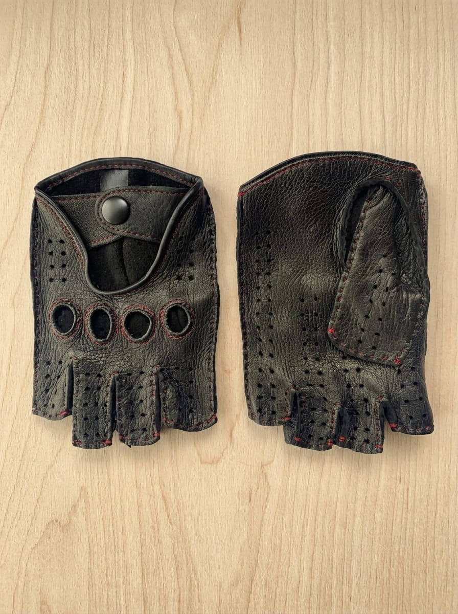 Men’s Fingerless Leather Gloves – Black Deerskin with Red Stitching, Handmade