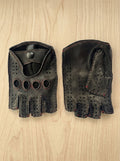 Men’s Fingerless Leather Gloves – Black Deerskin with Red Stitching, Handmade