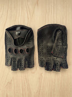 Men’s Fingerless Leather Gloves – Black Deerskin with Red Stitching, Handmade