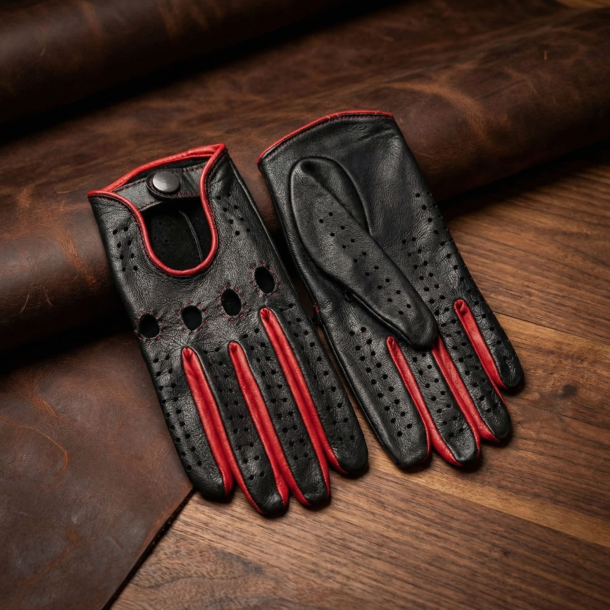 Women’s Black Nappa Driving Gloves with Red Accent and Inside Stitching