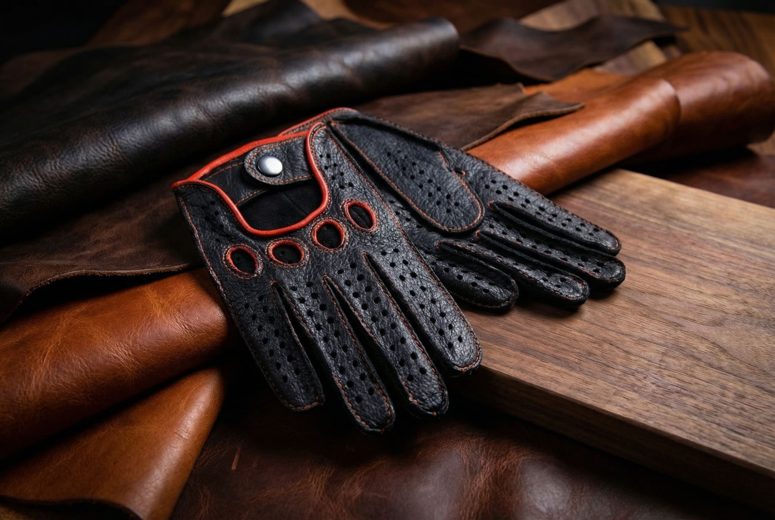 Men's Peccary Driving Gloves Black with Orange Hand-Sewn Stitching & Piping