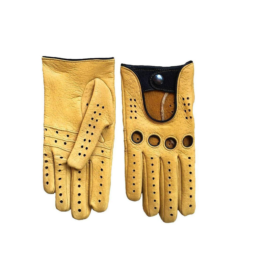 Men's yellow peccary driving gloves with inside stitching, black piping, round open knuckles and snap tab