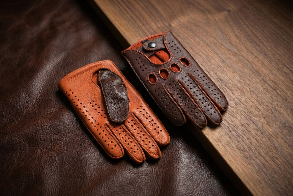 Herren-Fahrhandschuhe aus Hirschleder – Cognac mit orangen Akzenten