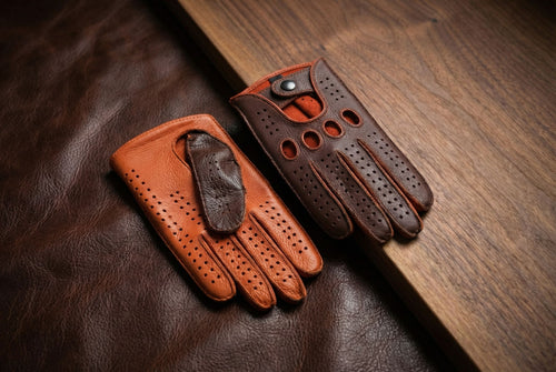 Cognac deerskin driving gloves with orange accents