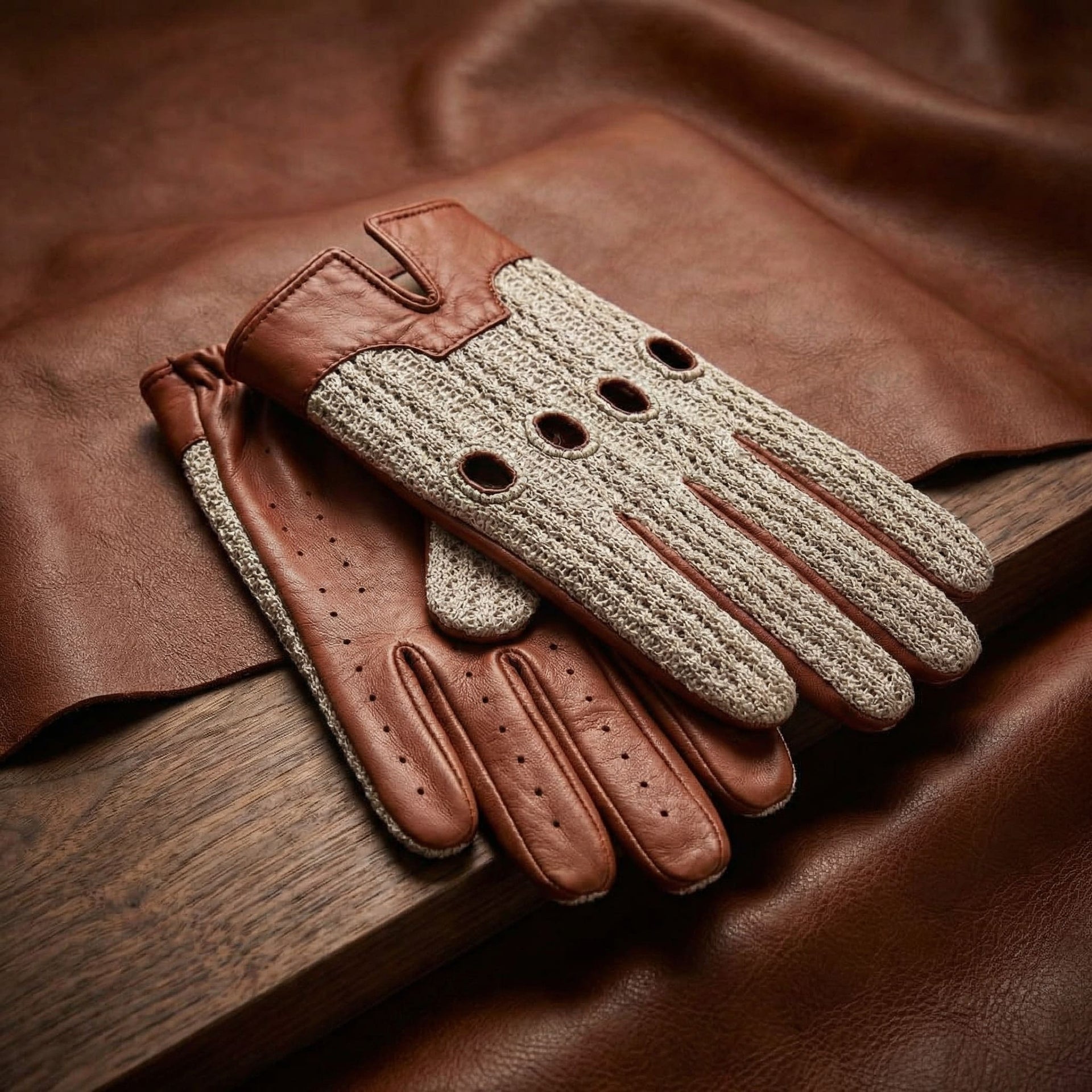Men's Cognac Lambskin Crochet Driving Gloves